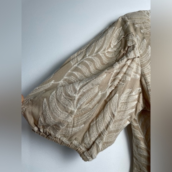 Solitaire Khaki Embroidered Top Fern Pattern Stitching Puff Sleeves Women M/L - Picture 5 of 8